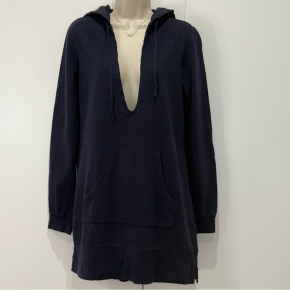 Vince Tunic Hoodie Sweatshirt Deep V Navy Cotton Medium Coastal Chic Beachy - Picture 2 of 10
